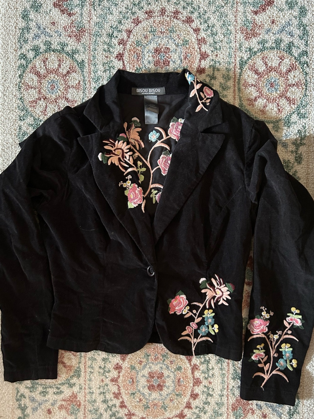 Bisou Bisou Black Velvet Blazer with Multicolor Floral Embroidery